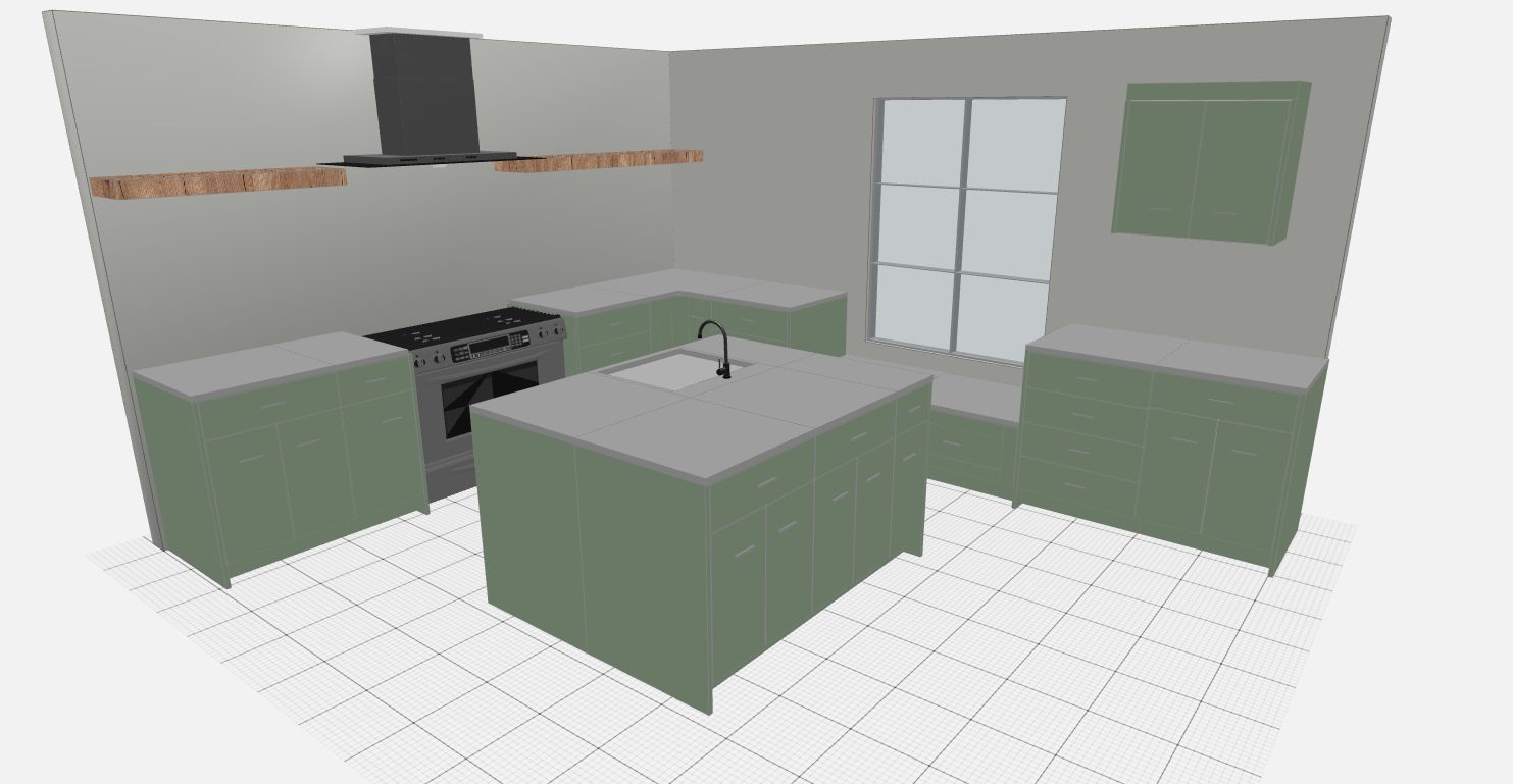 Green kitchen design sketch before AI rendering